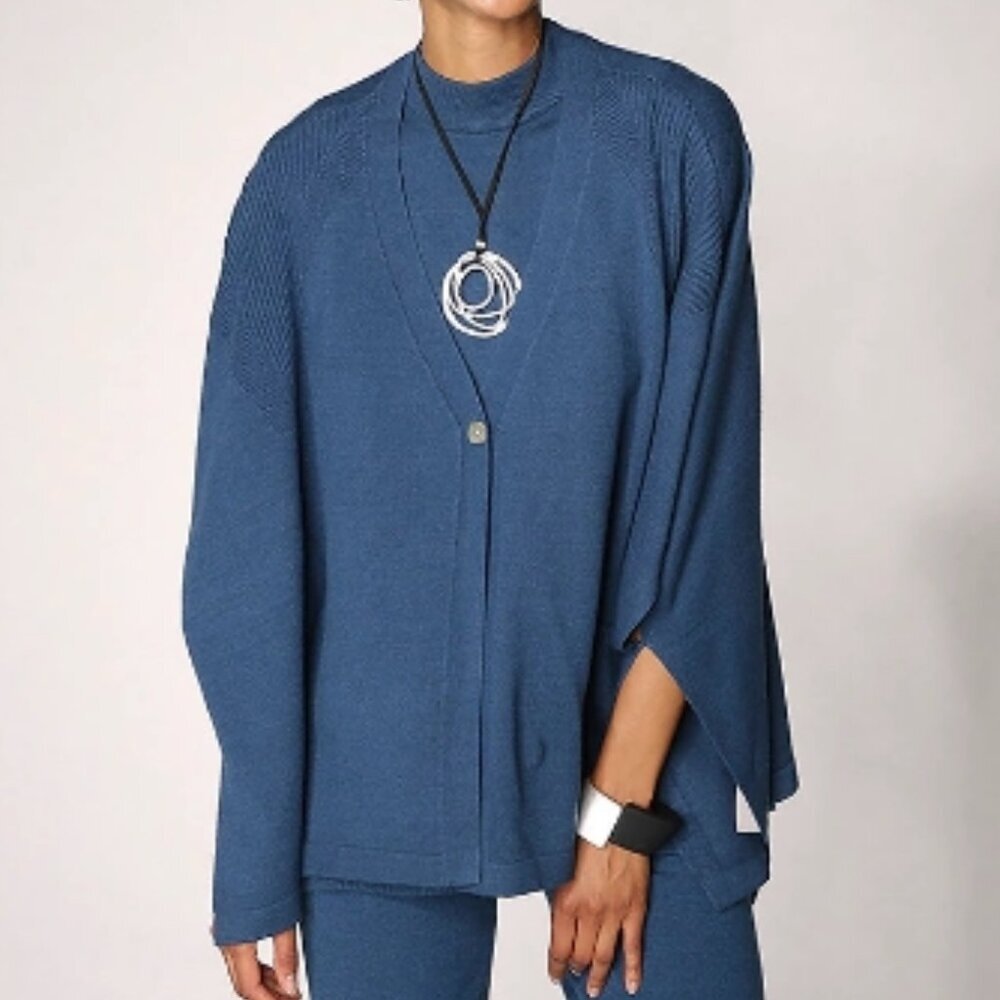 New MarlaWynne Petrol Blue Rib Detail Sweater Knit Cardigan Size XS bin 3E